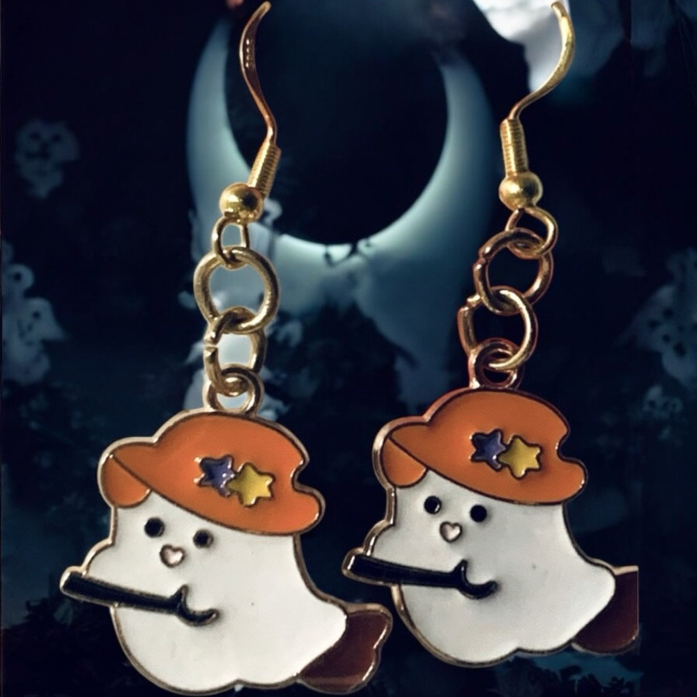 Lady Ghost & An Orange Flower Hat & Wand Precious White Enamel Dangle Earring